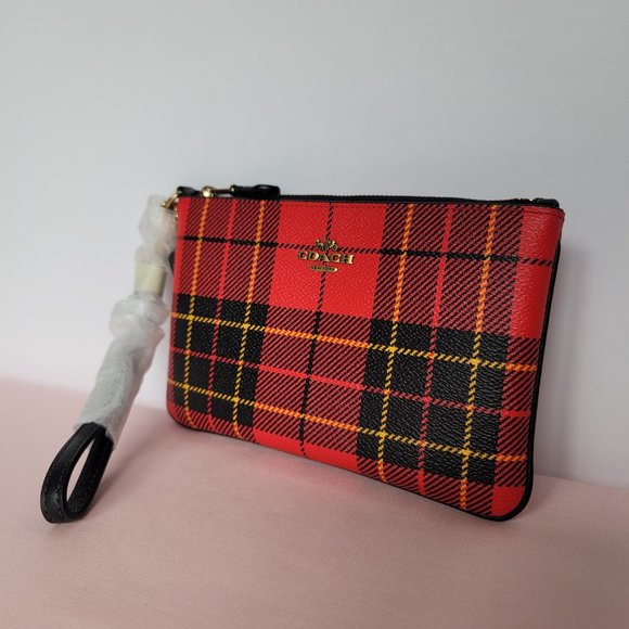 COACH Small Printed Plaid Coated Canvas Wristlet- Red Multi $75. ⭐ - Picture 5 of 16